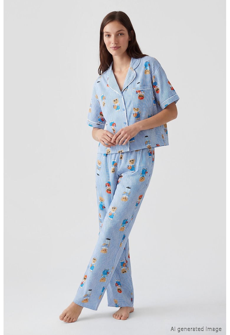 Pijama cu model grafic - Alb/Albastru azur/Maro camel