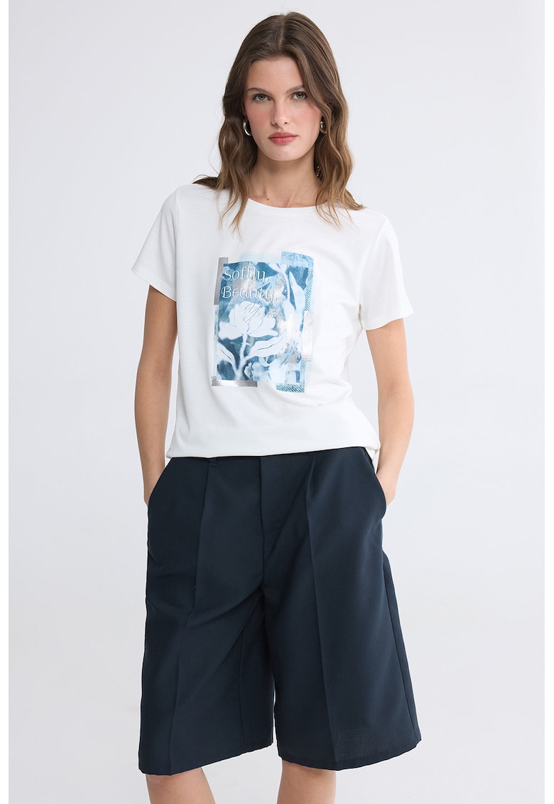 Tricou cu decolteu la baza gatului - Alb/Albastru prafuit/Argintiu