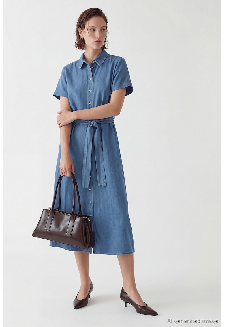 Rochie din denim cu cordon - Albastru prafuit