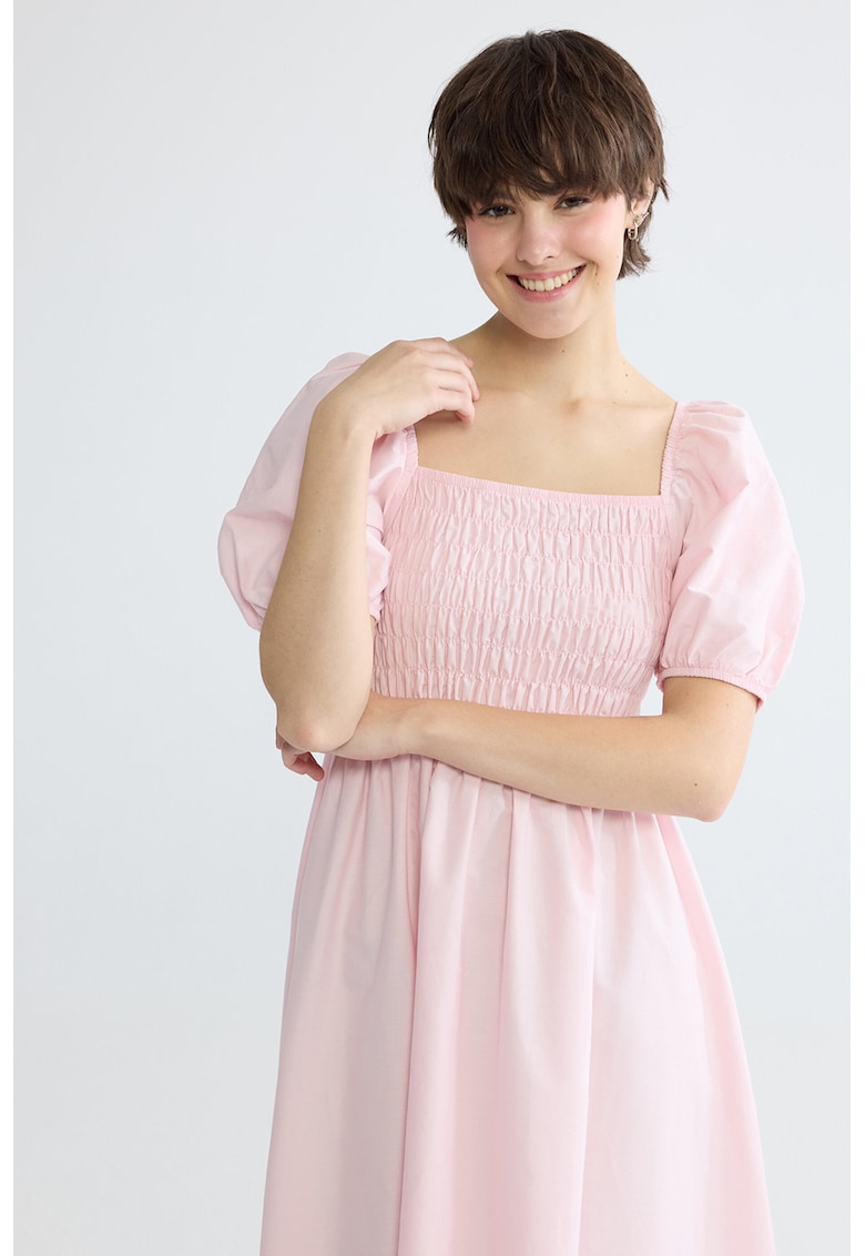 Rochie midi cu maneci bufante - Roz pal