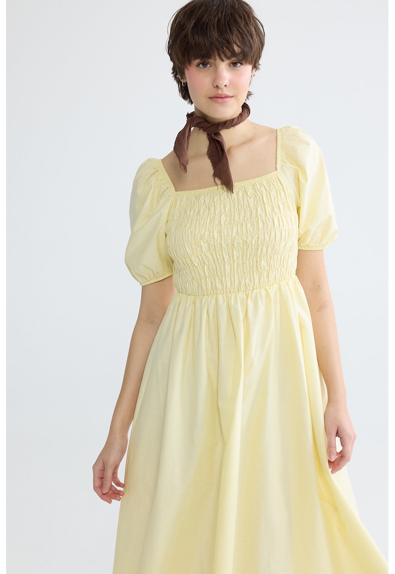 Rochie midi cu maneci bufante - Galben deschis