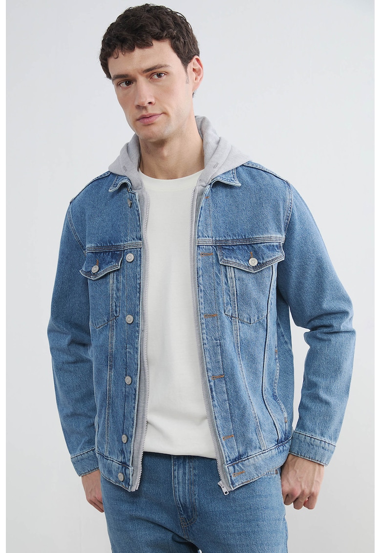 Jacheta din denim cu gluga - Gri/Albastru melange