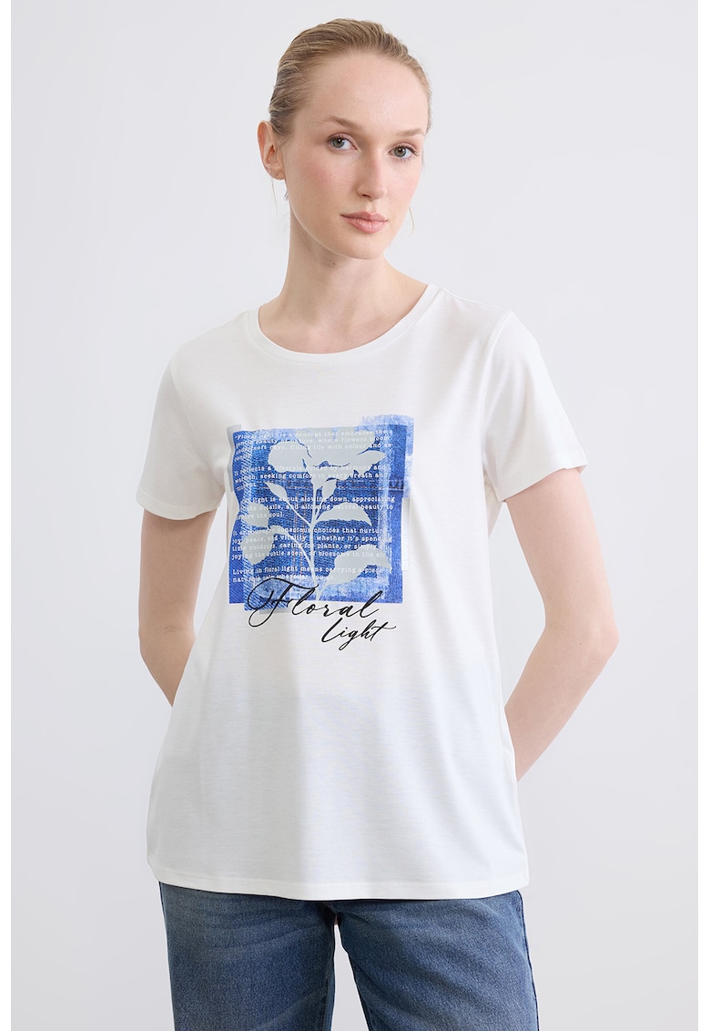 Tricou de bumbac cu imprimeu text si floral - Alb/Gri/Albastru