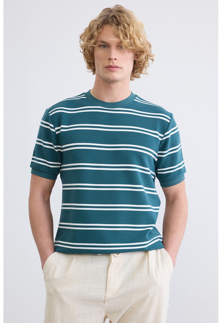 Tricou regular-fit cu dungi - Alb/Albastru petrol