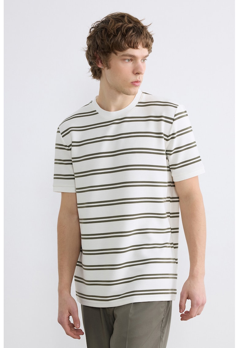 Tricou regular-fit cu dungi - Alb/Kaki inchis