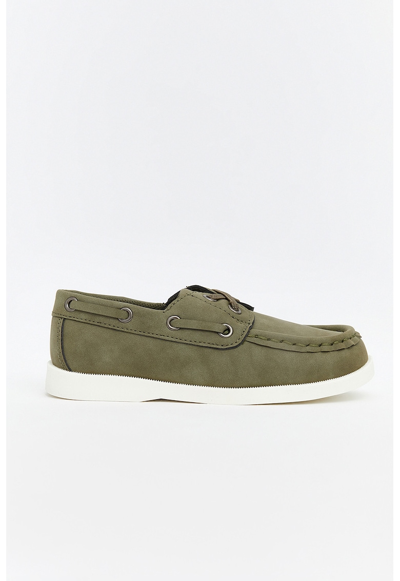 Pantofi boat din piele ecologica cu varf rotund - Kaki inchis
