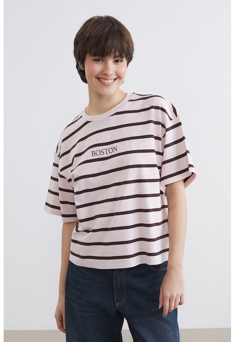 Tricou supradimensionat in dungi - din bumbac - Maro inchis/Roz pal