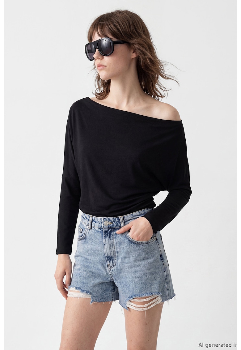 Bluza din amestec de modal cu decolteu drapat - Negru