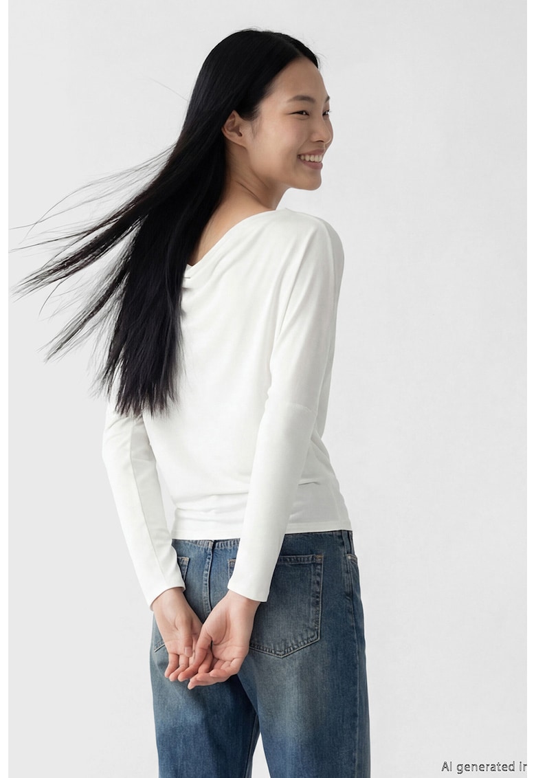 Bluza din amestec de modal cu decolteu drapat - Alb