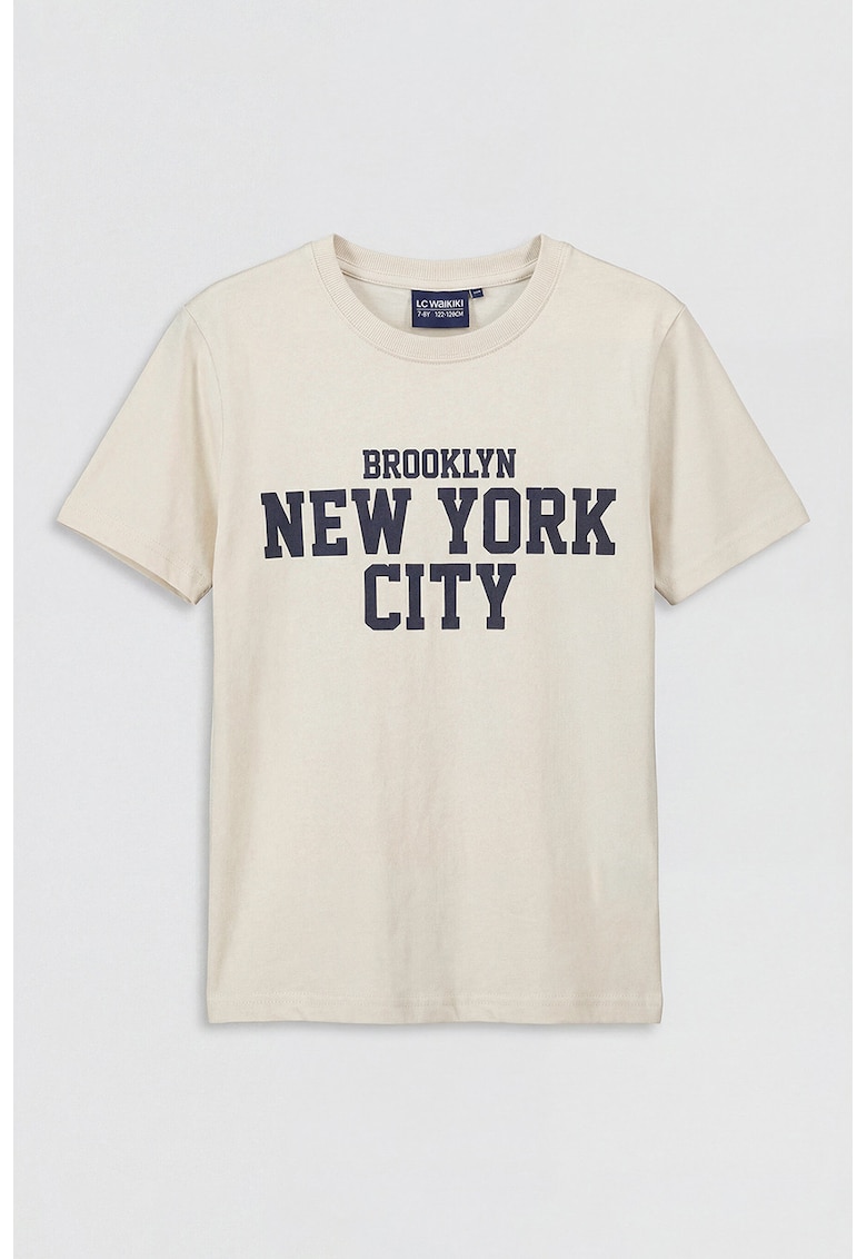 Tricou din bumbac cu imprimeu text - Bej deschis