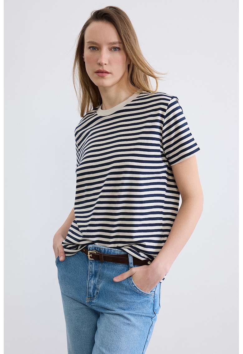 Tricou de bumbac cu dungi - Alb fildes/Bleumarin