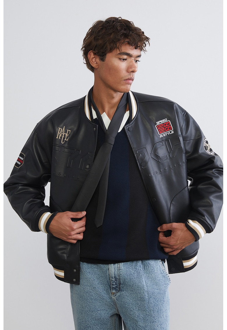 Jacheta bomber cu model grafic - Alb fildes/Negru