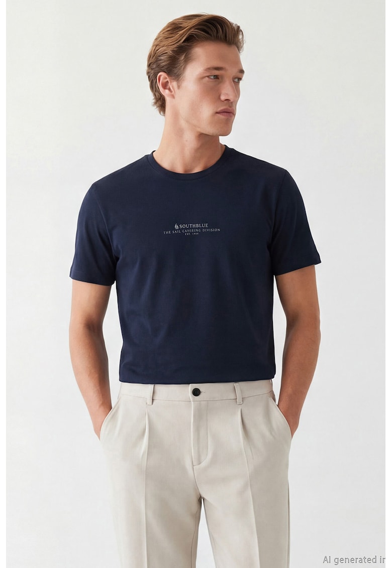 Tricou cu decolteu la baza gatului si imprimeu text - Bleumarin