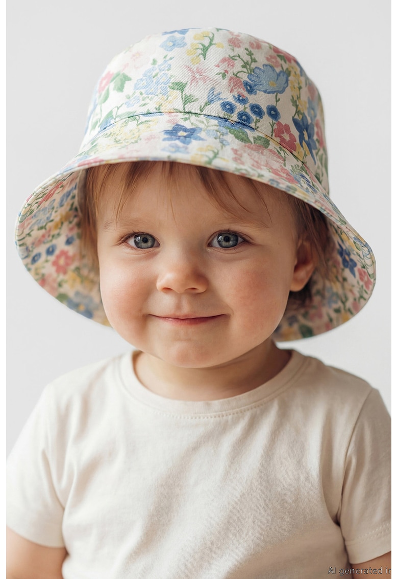 Palarie bucket cu model floral - Alb fildes/Albastru lavanda/Roz pastel
