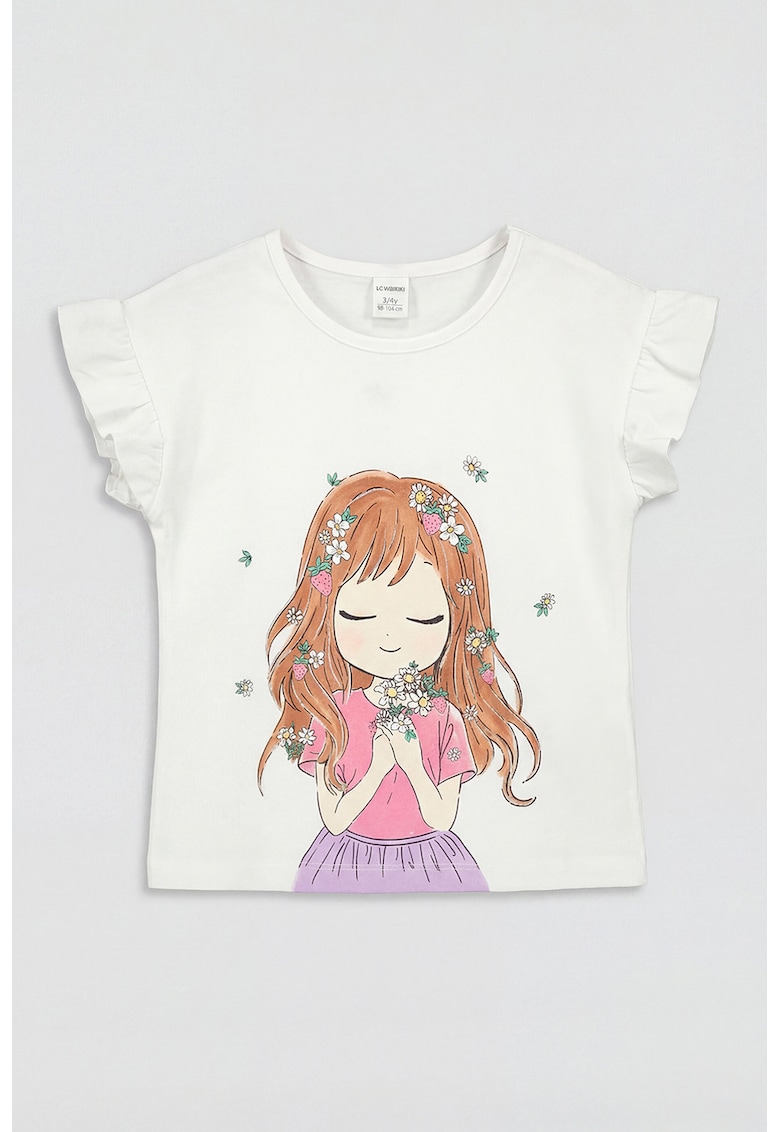 Tricou cu imprimeu grafic si maneci cu volane - Alb/Roz pastel/Portocaliu persan