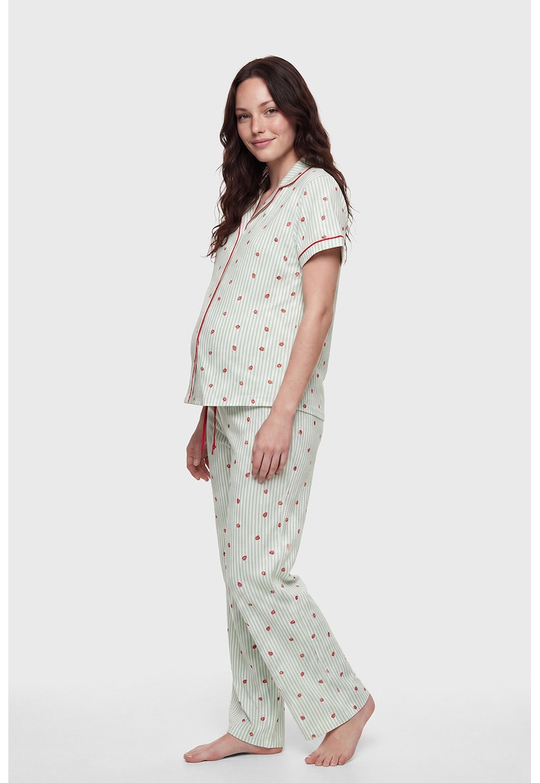 Pijama din bumbac cu imprimeu capsuni - pentru gravide - Alb/Verde pal