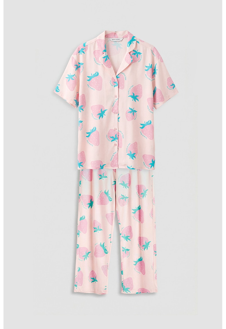 Pijama lejera din bumbac cu model cu capsuni - Roz pastel/Piersica/Verde persan