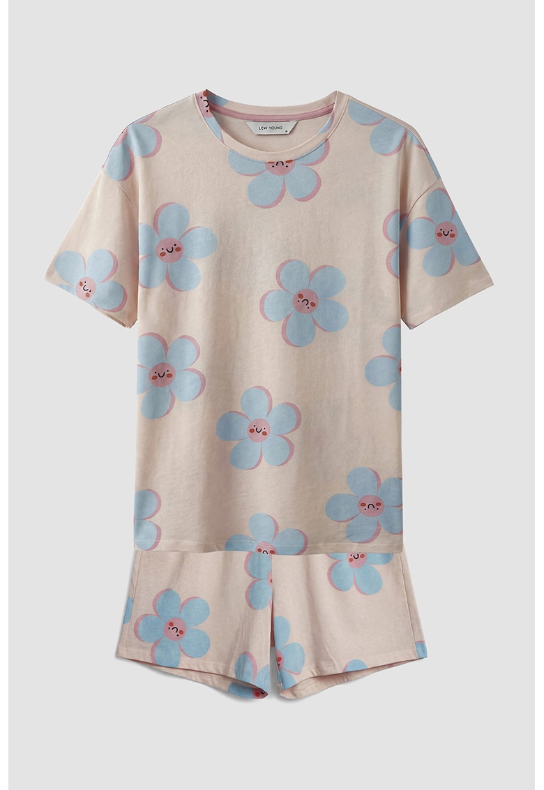 Pijama de bumbac cu pantaloni scurti si model floral - Piersica