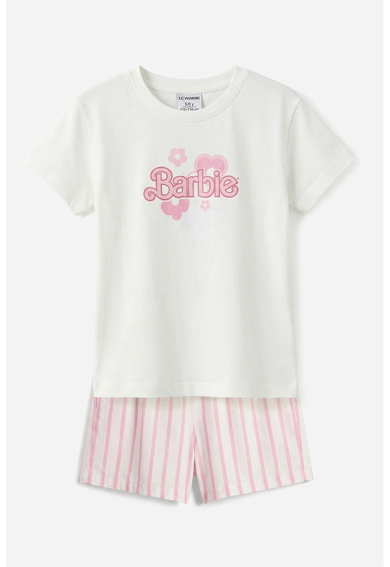 Set de tricou de bumbac si pantaloni scurti cu Barbie - 2 piese - Alb/Roz pastel