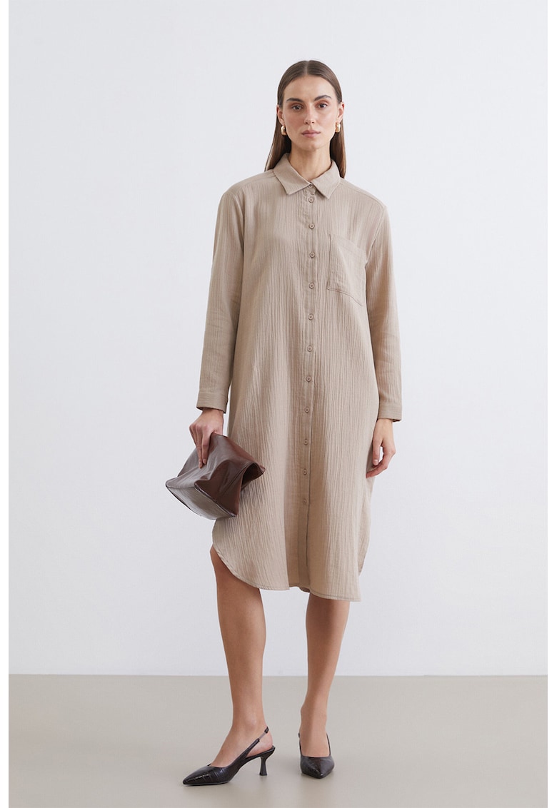 Rochie-camasa texturata cu guler clasic - Bej inchis