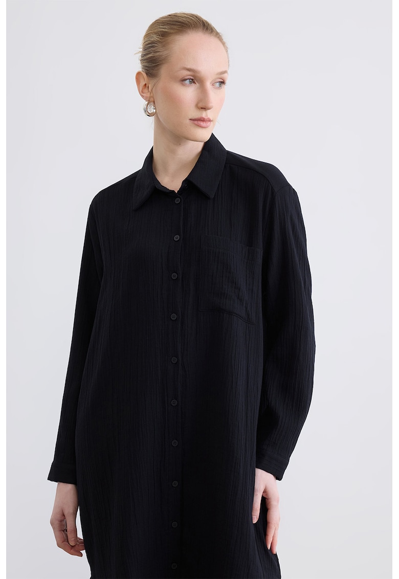 Rochie-camasa texturata cu guler clasic - Negru