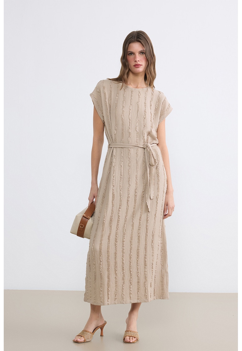 Rochie midi texturata cu inchidere cu cordon - Bej inchis