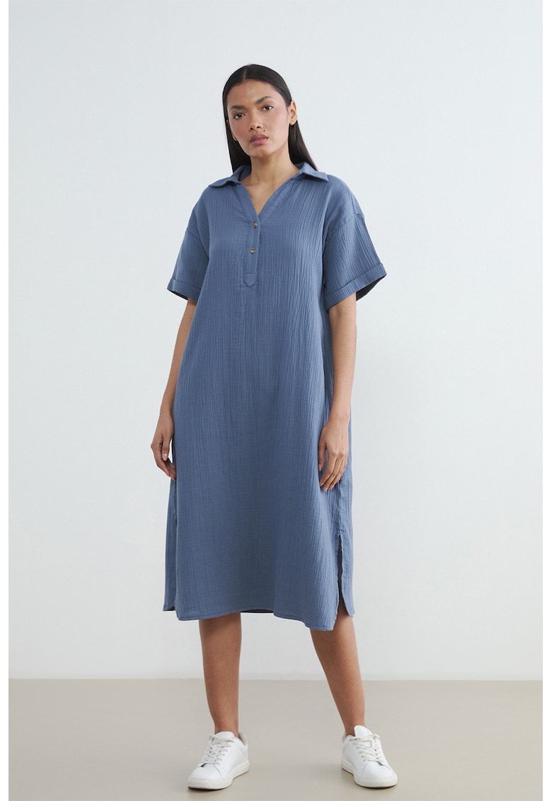 Rochie din amestec de bumbac cu nasturi - Albastru prafuit
