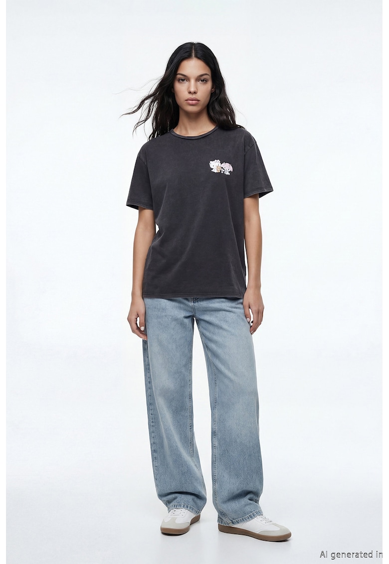 Tricou cu imprimeu Hello Kitty&My Melody - Gri antracit