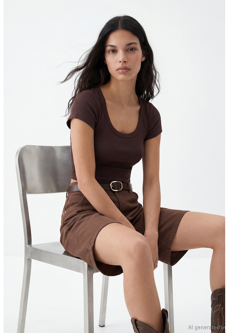 Tricou crop striat - Maro inchis