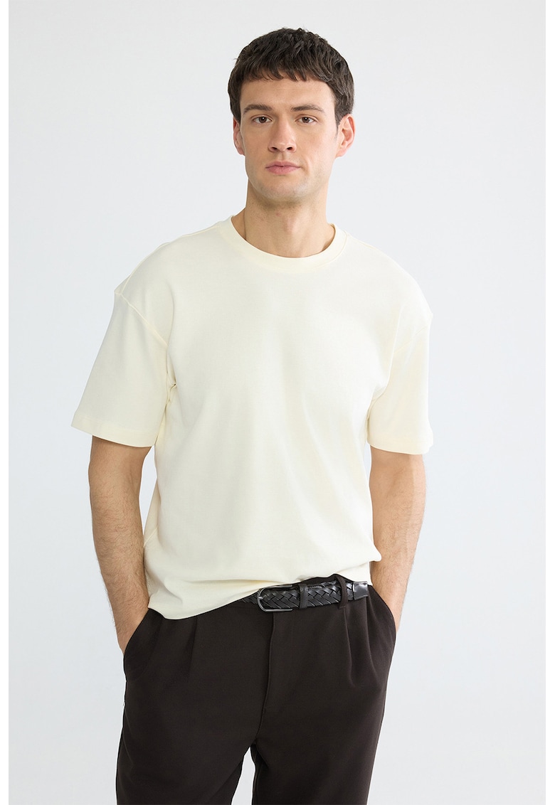 Tricou din bumbac cu decolteu la baza gatului - Crem