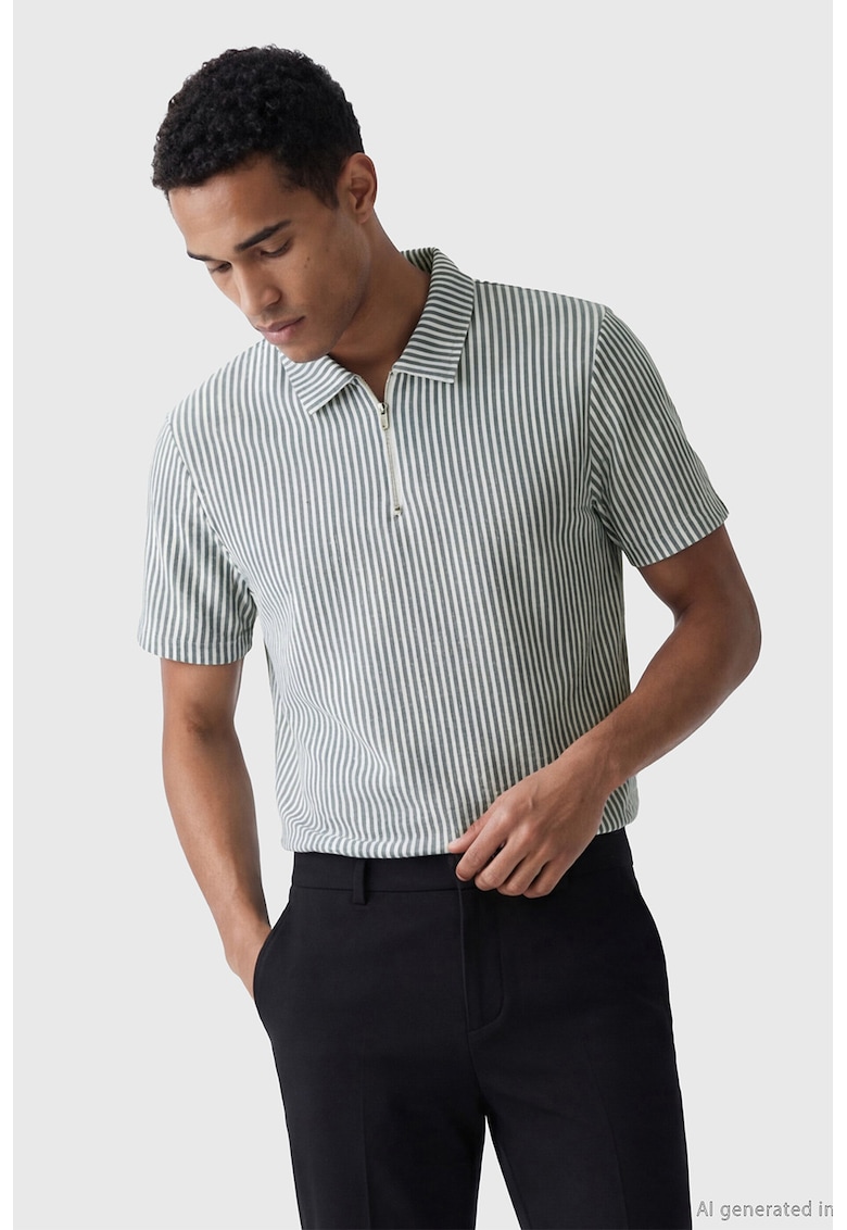 Tricou polo cu fermoar scurt - Alb/Bleumarin