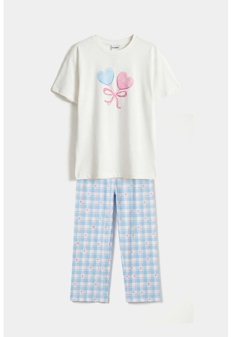 Pijama cu imprimeu si maneci scurte - Albastru pastel/Alb fildes