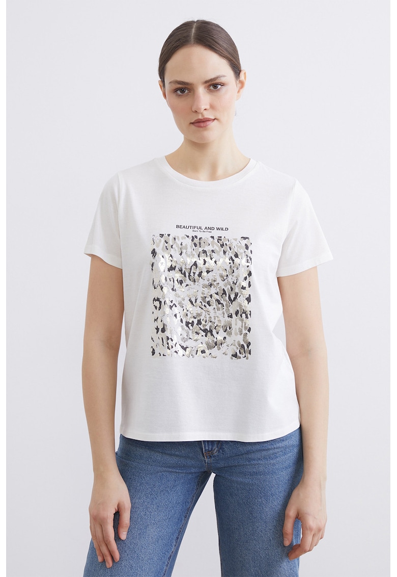 Tricou din bumbac cu decolteu la baza gatului - Alb