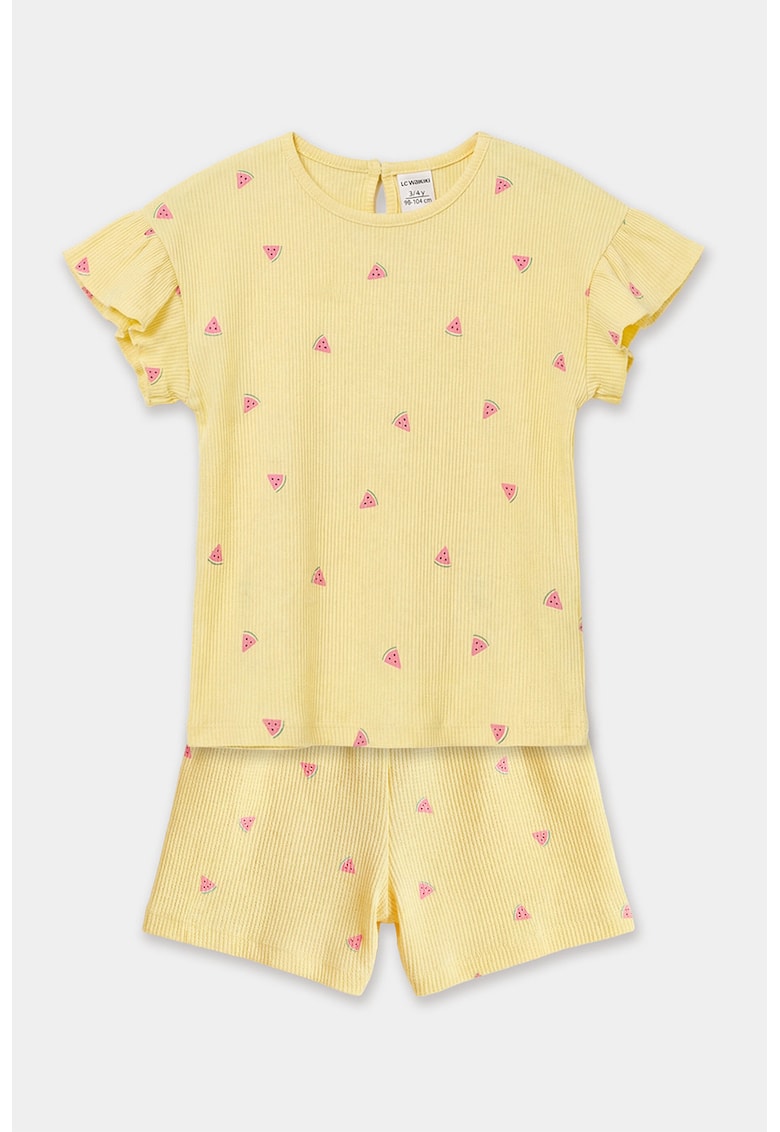 Set de tricou si pantaloni scurti din bumbac cu imprimeu - 2 piese - Roz deschis/Galben deschis