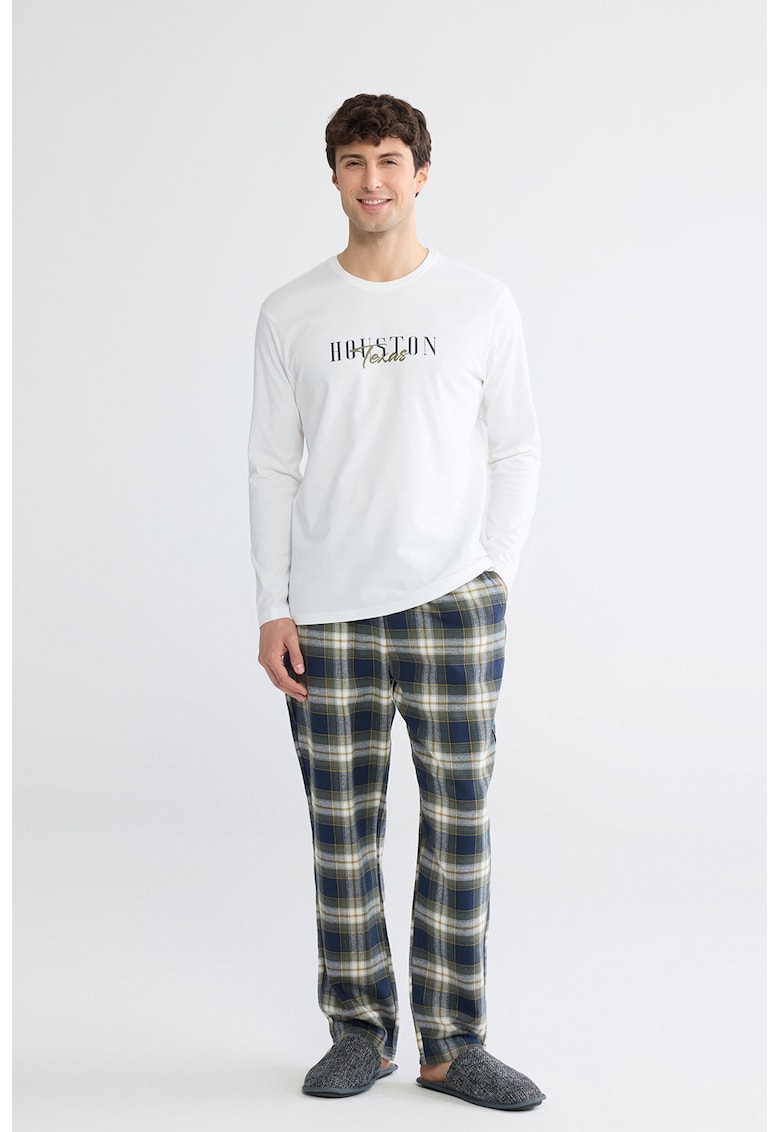 Pijama lunga cu model - Alb optic/Verde sparanghel/Bleumarin