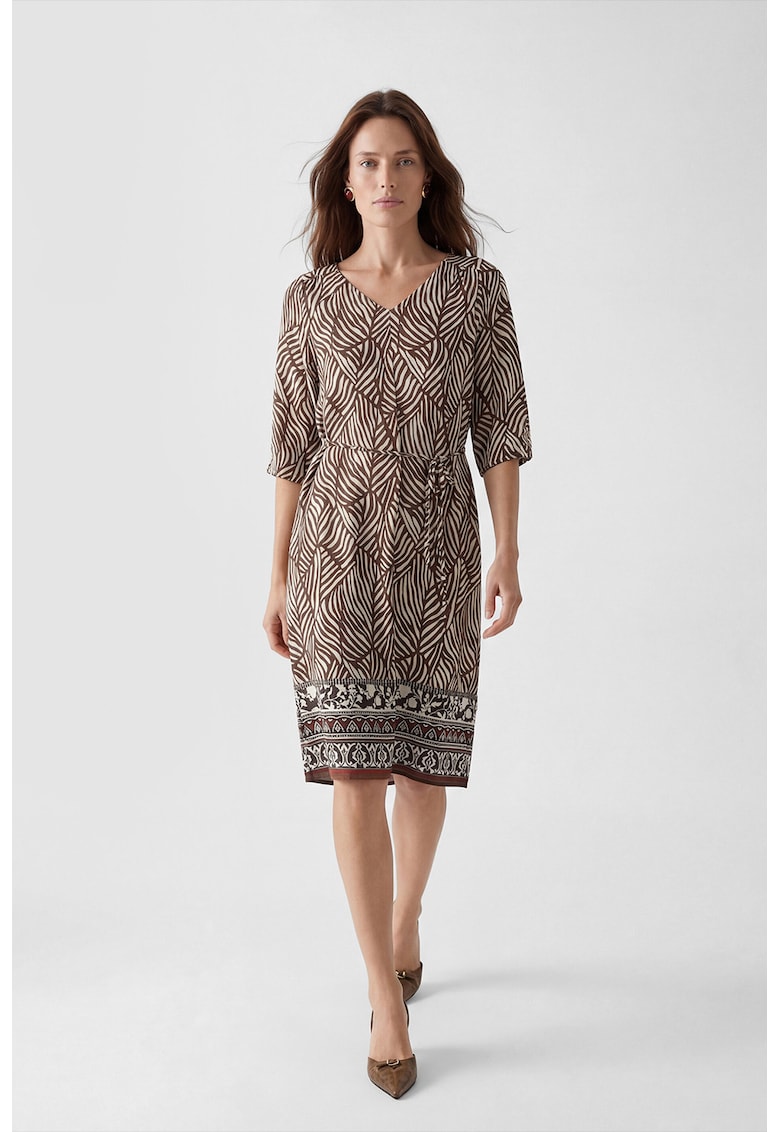 Rochie cu decolteu in V - model si cordon in talie - Maro cognac/Alb murdar