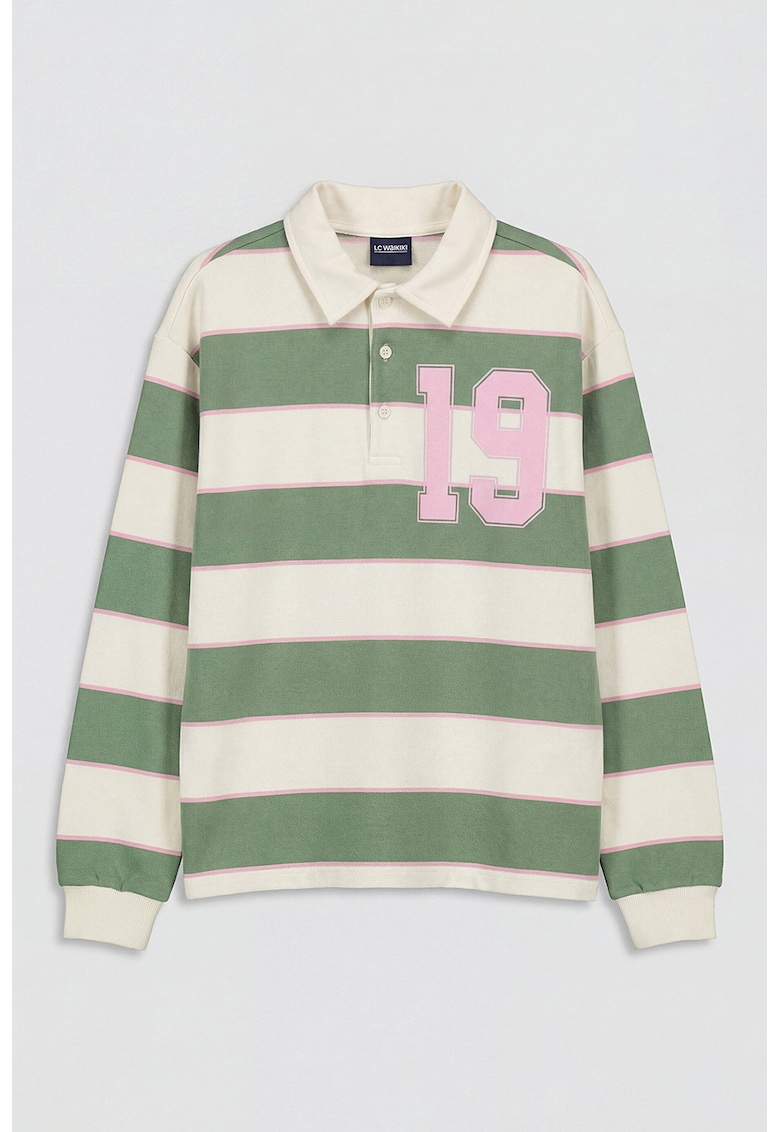 Bluza polo cu dungi - Verde stins/Crem