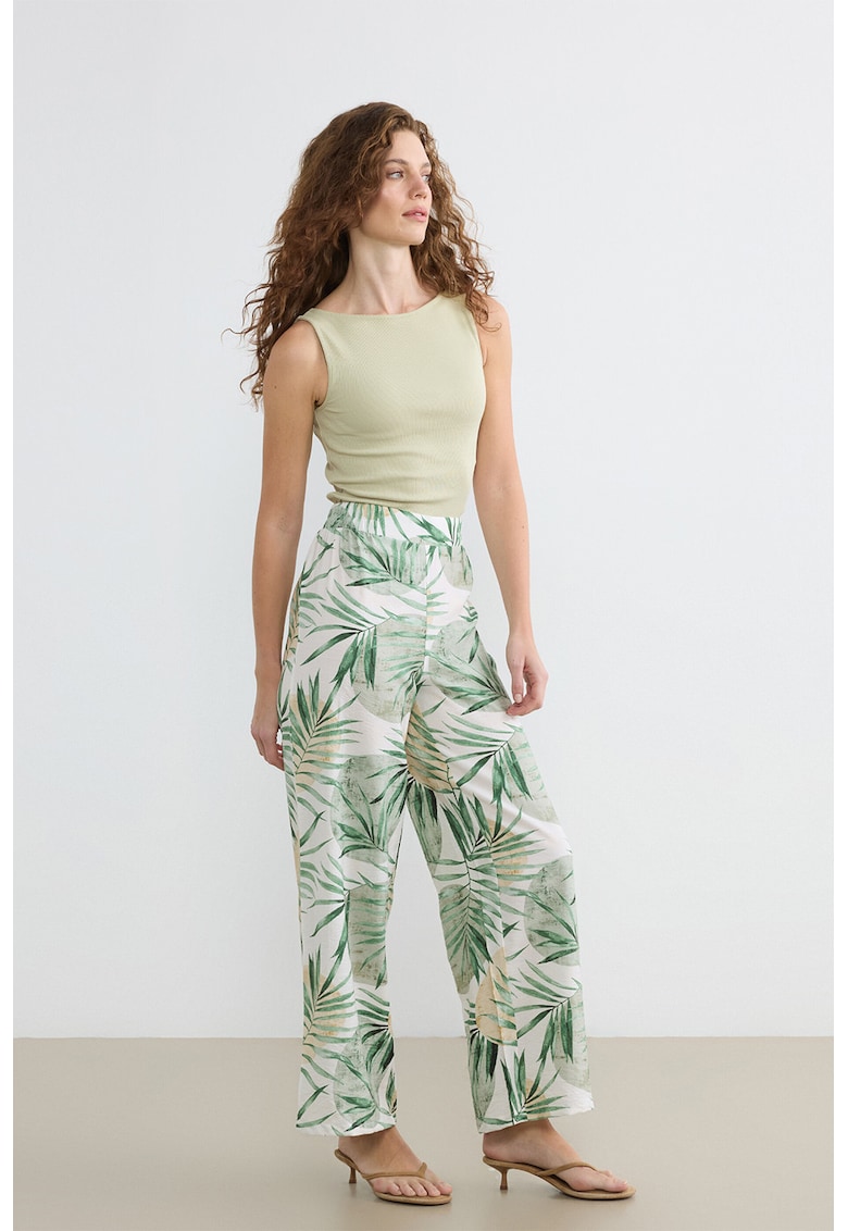 Pantaloni cu croiala ampla si model - Verde aquamarin/Verde sparanghel/Alb murdar