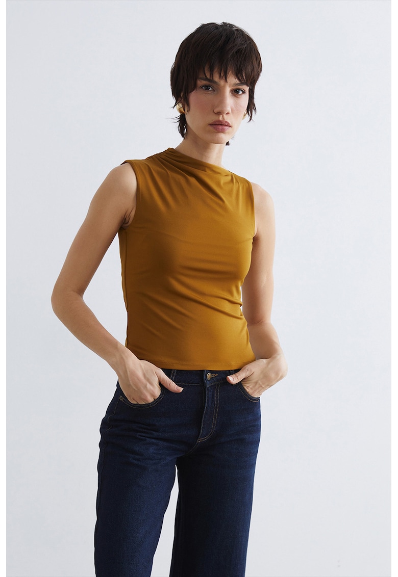 Bluza drapata cu decolteu barcuta - Galben mustar/Ocru
