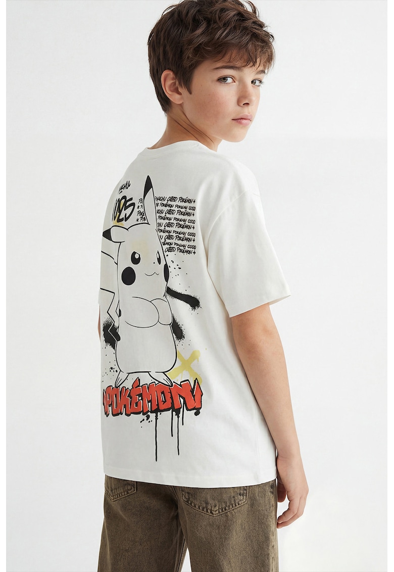 Tricou cu decolteu la baza gatului si imprimeu cu desene animate - Negru/Coral/Galben pal/Alb murdar