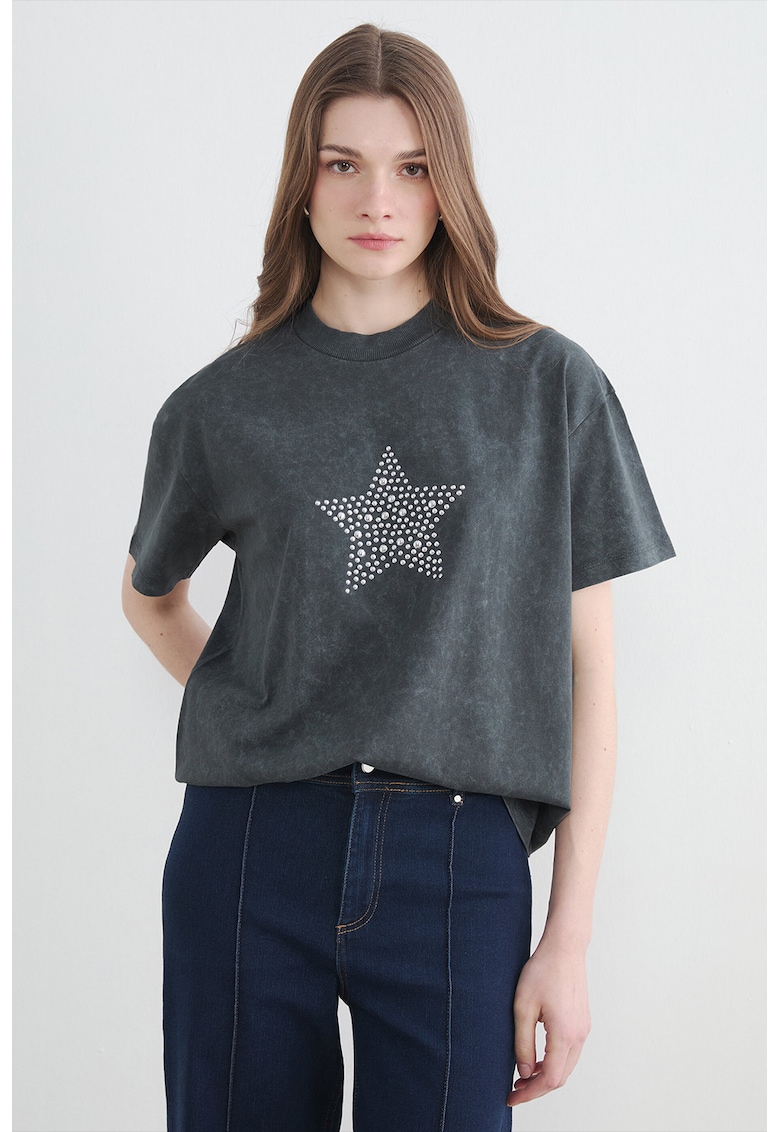 Tricou din bumbac cu decolteu la baza gatului - Argintiu/Gri inchis