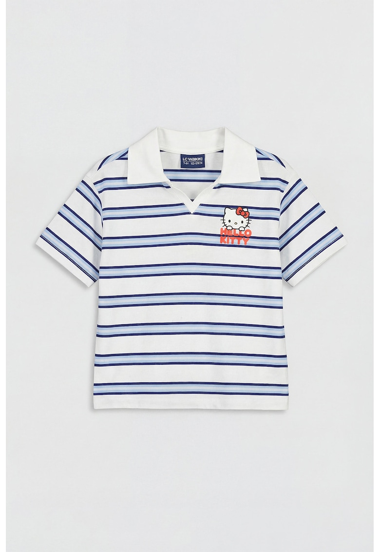 Tricou polo cu model in dungi si imprimeu discret cu Hello Kitty - Alb/Albastru