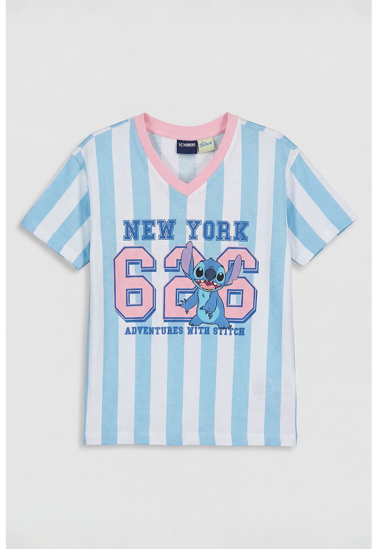 Tricou cu decolteu in V si imprimeu cu Stitch - Alb/Roz/Albastru