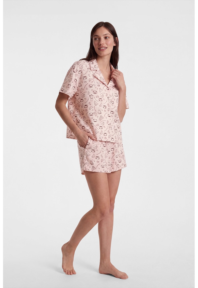 Pijama scurta din bumbac cu imprimeu - Violet tyrian/Roz pal