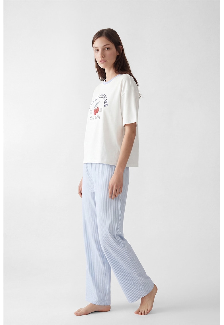 Pijama lunga cu model in dungi si imprimeu cu cirese - Coral/Albastru azur/Alb optic/Verde aquamarin