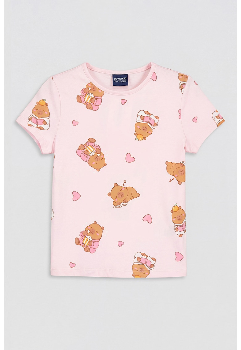 Pijama scurta cu model cu capybara - Roz pastel/Caramel