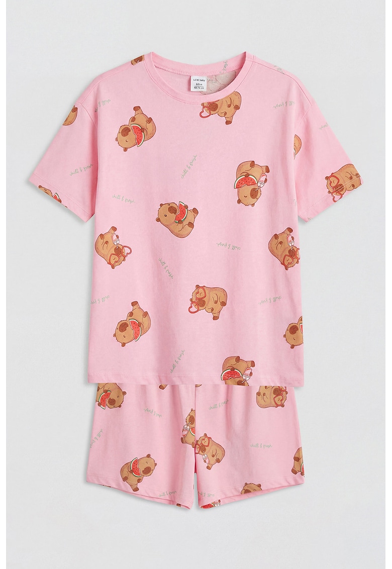 Pijama scurta cu model cu capybara - Coral/Roz deschis/Maro deschis