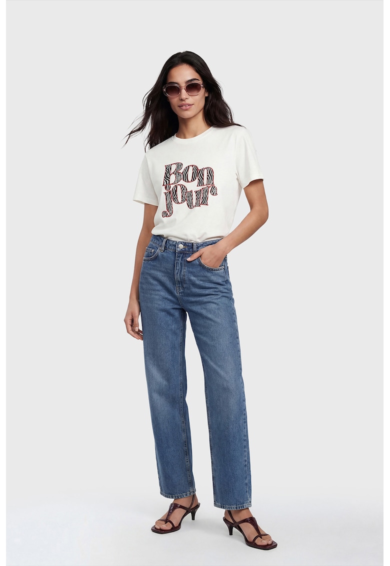 Tricou cu decolteu la baza gatului si imprimeu text - Negru/Coral/Alb optic