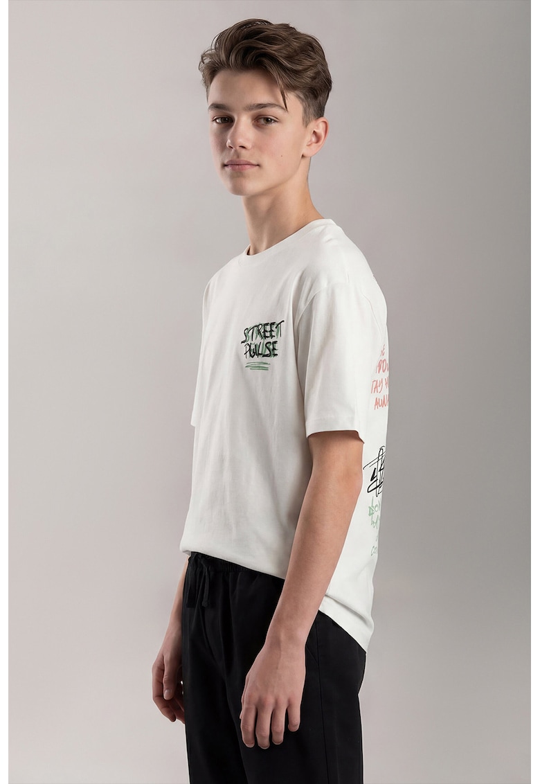 Tricou din bumbac cu imprimeu text - Negru stins/Alb optic/Verde aquamarin