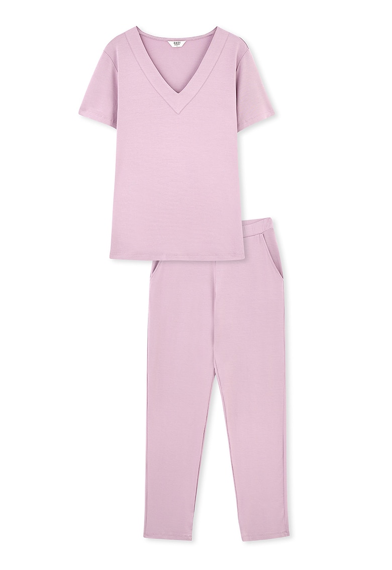 Pijama cu decolteu in V si model uni - Roz pastel